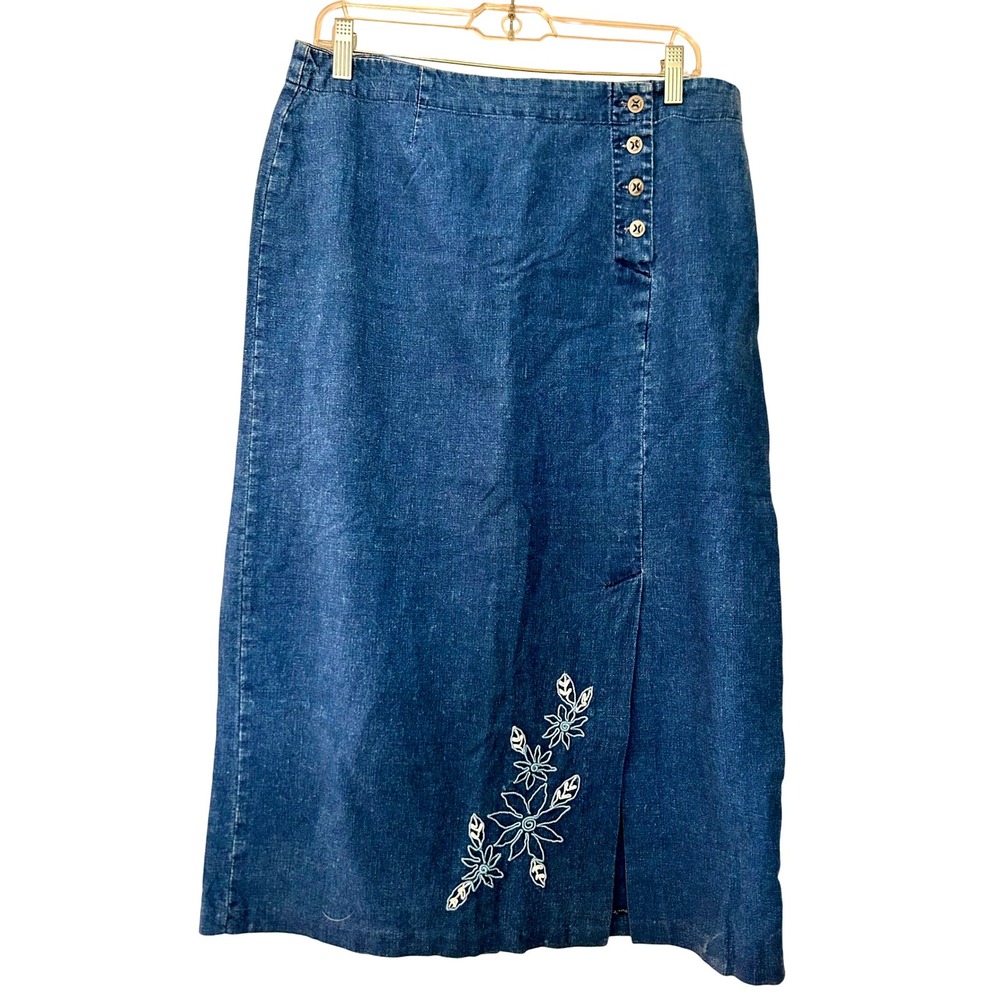 Requirements 90's Denim Embroidered Floral Blue Cottagecore‎ Maxi Skirt 12 Women